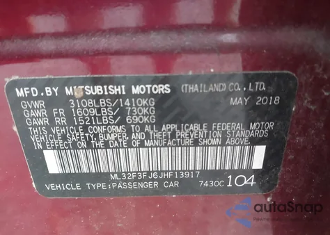 2018 Mitsubishi Mirage G4 Es из США, поврежденный, VIN ML32F3FJ6JHF13917